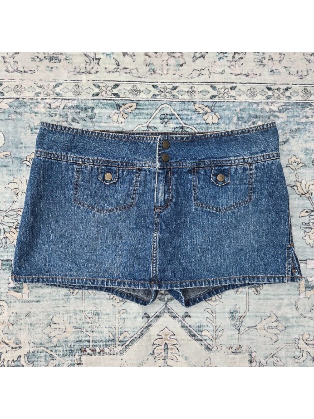Vintage 90s Y2K Denim Micro Mini Skirt Skort Size L Low Rise Blue 100% Cotton